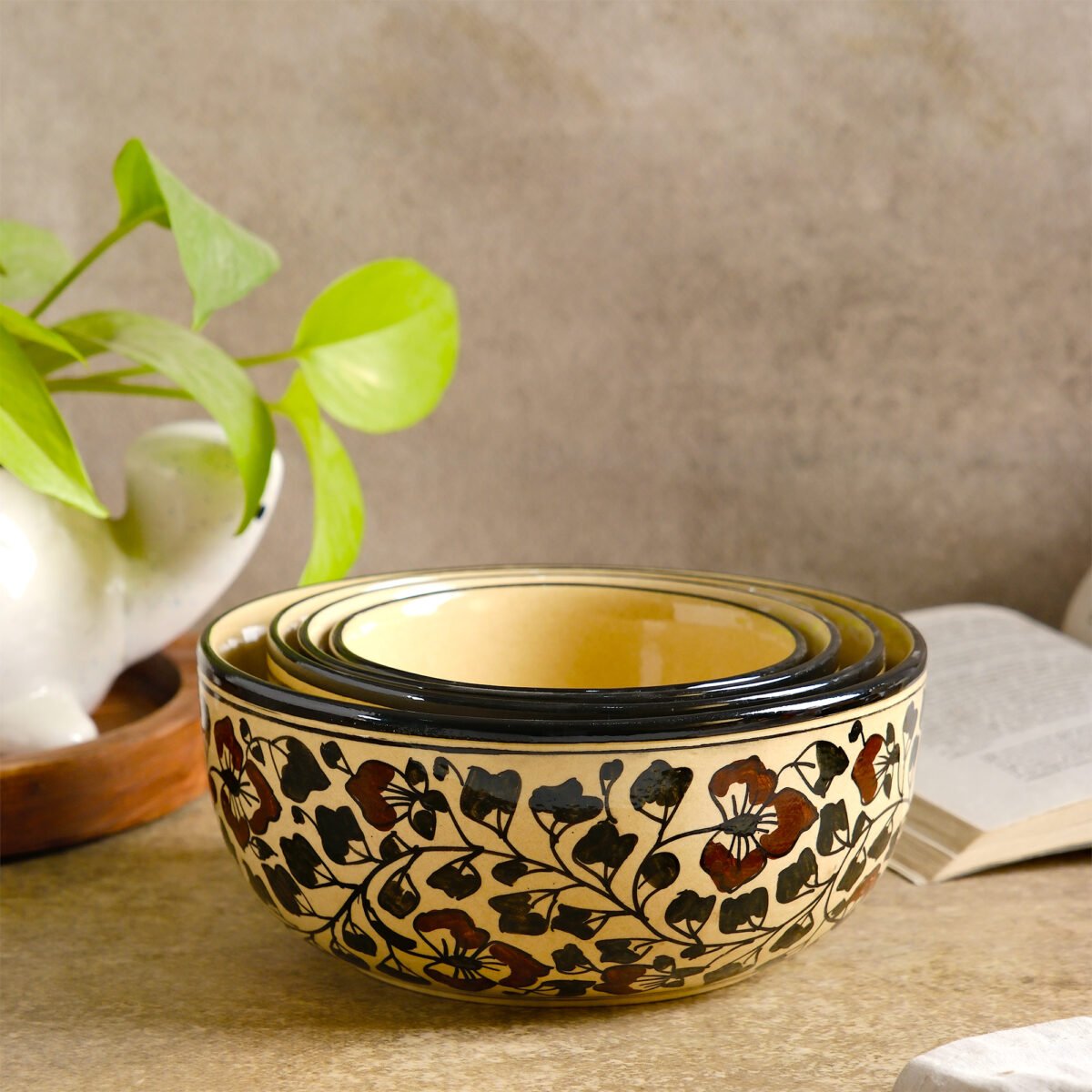 Caffeine Artisan Ceramic Serving Bowl - Set of 4 Bowls | 7 Inches, 6 Inches, 5.5 Inches, and 4.5 Inches (1300ml, 850ml, 550ml, and 350ml)