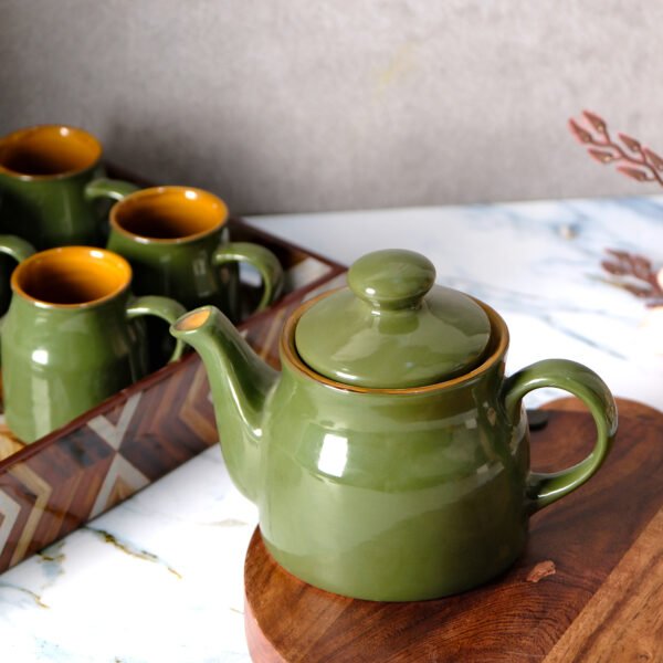 Verdant Serenity Ceramic Tea Set - 6 Cups, 1 Kettle and a Tray - Image 3