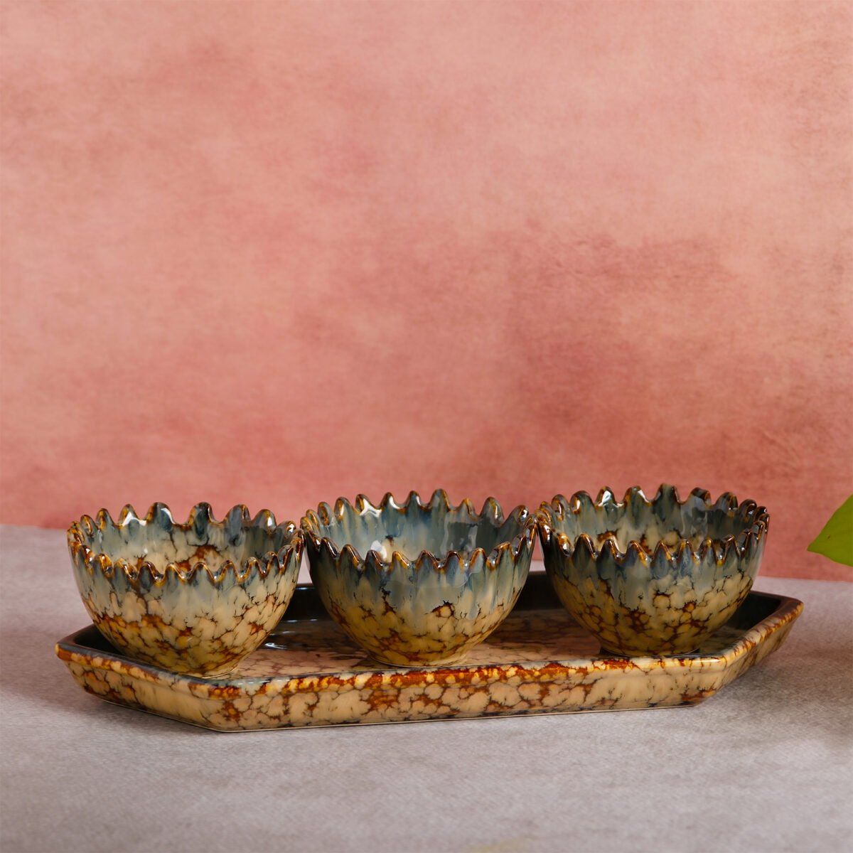 Earthwave Marble Bowl Set of 3 Ceramic Bowls with Tray | 4 Inches Bowls (200ml)