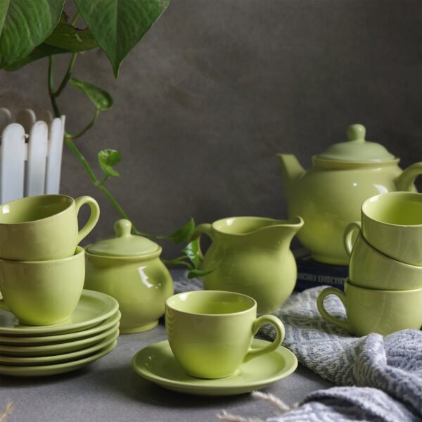 Golden Verde Tea Set - 6 Cups & Saucer, Tea Kettle Pot, Milk Pot, Sugar Pot