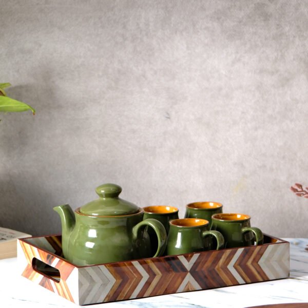 Verdant Serenity Ceramic Tea Set - 6 Cups, 1 Kettle and a Tray