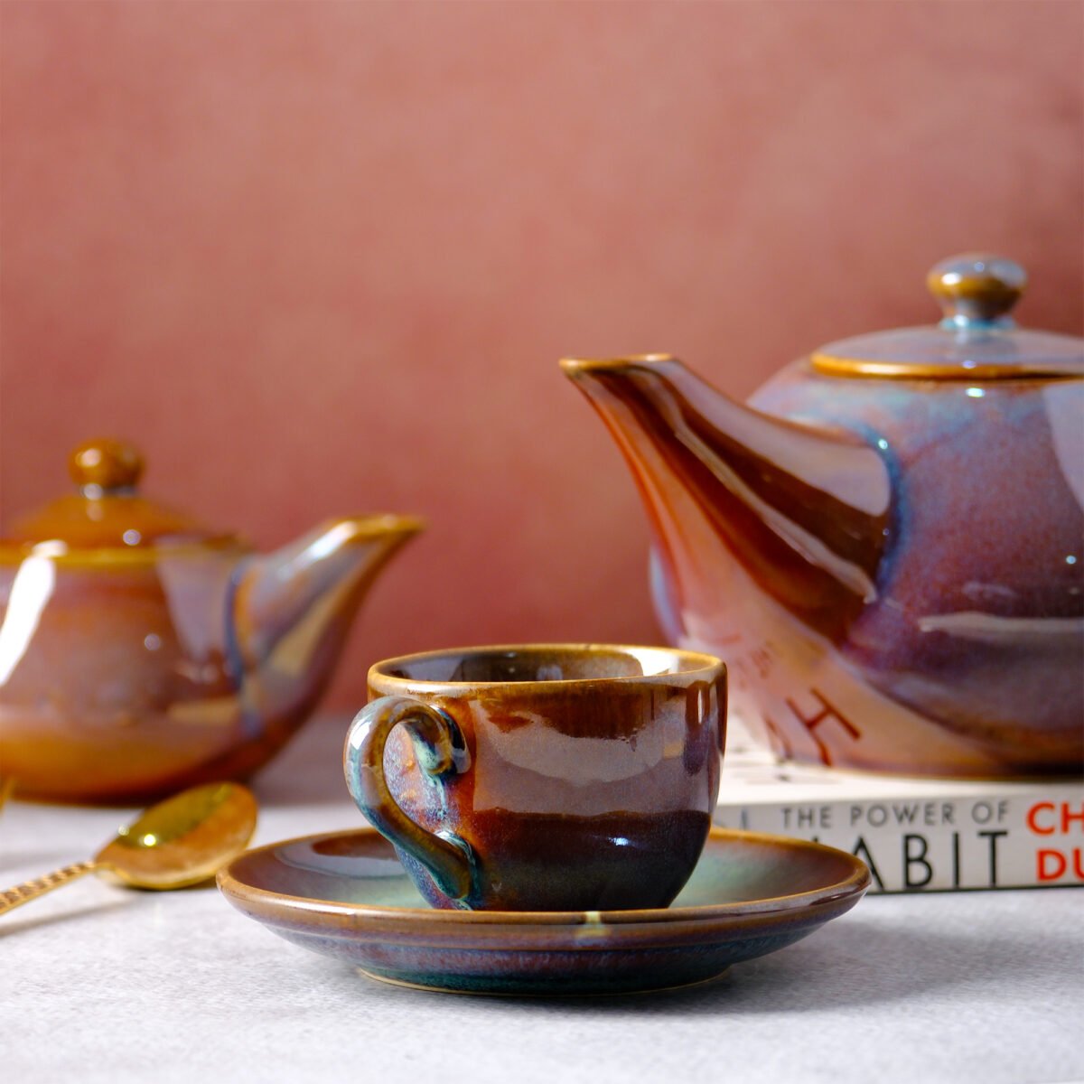 Aurora Bliss Tea Set  - 6 Cups & Saucer, Tea Kettle Pot, Milk Pot, Sugar Pot | 1100ml Teapot, 350ml Milk Pot, 350ml Sugar Pot, 150ml Cups