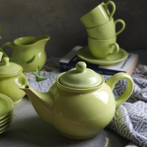 Golden Verde Tea Set - 6 Cups & Saucer, Tea Kettle Pot, Milk Pot, Sugar Pot - Image 2