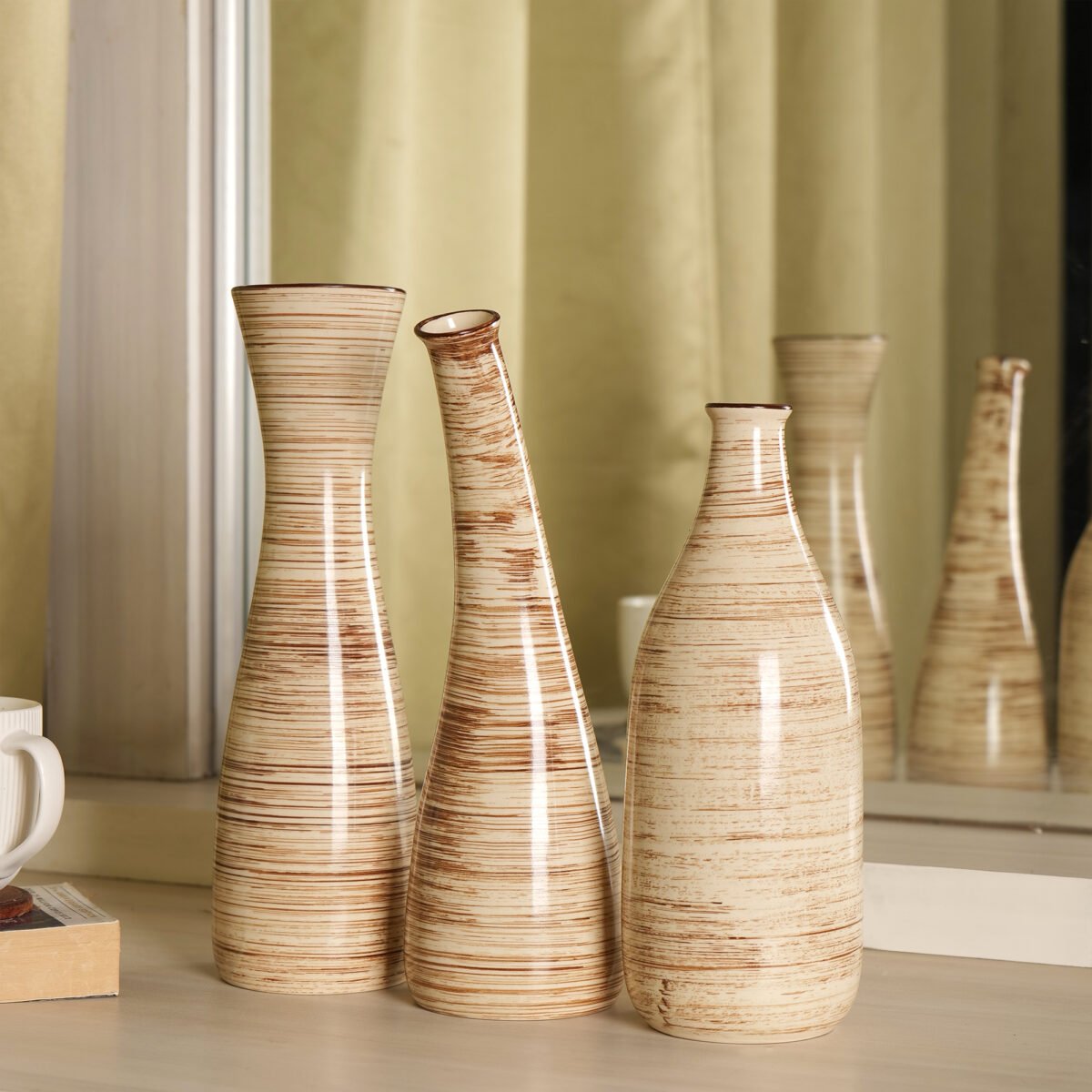 Iris Beige Elegance Vase Set of 3 | 10 Inches, 11 Inches, and 12 Inches