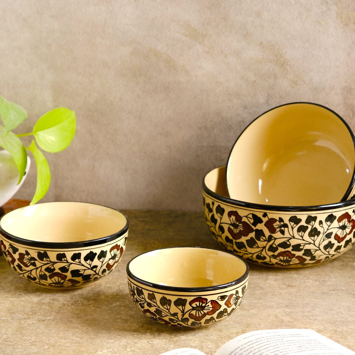 Caffeine Artisan Ceramic Serving Bowl - Set of 4 Bowls | 7 Inches, 6 Inches, 5.5 Inches, and 4.5 Inches (1300ml, 850ml, 550ml, and 350ml)
