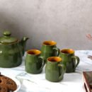 Verdant Serenity Ceramic Tea Set - 6 Cups, 1 Kettle and a Tray