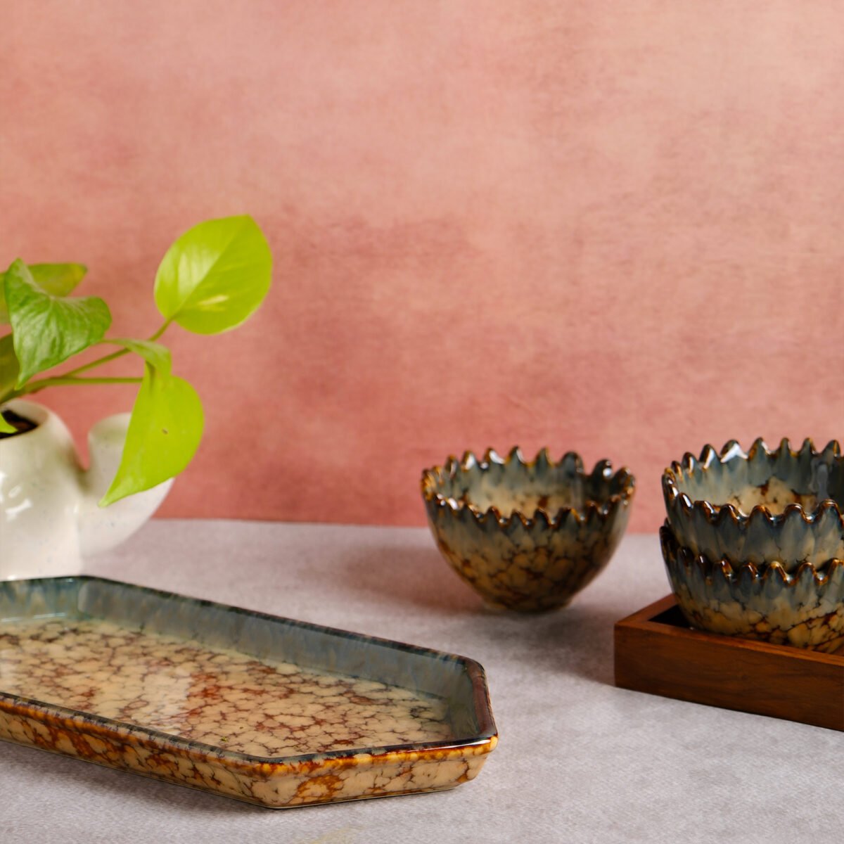 Earthwave Marble Bowl Set of 3 Ceramic Bowls with Tray | 4 Inches Bowls (200ml)