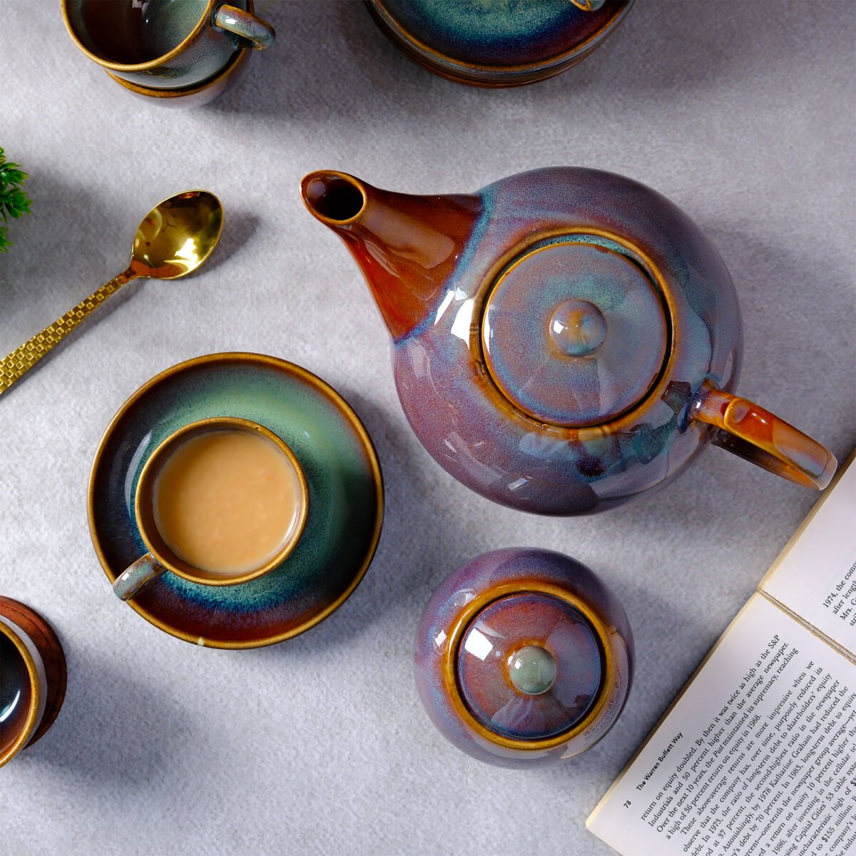 Aurora Bliss Tea Set  - 6 Cups & Saucer, Tea Kettle Pot, Milk Pot, Sugar Pot | 1100ml Teapot, 350ml Milk Pot, 350ml Sugar Pot, 150ml Cups