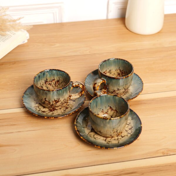 Earthen Grace Ceramic Cup & Saucer Set - Pack of 3 for a Stylish Tea Experience - Image 2