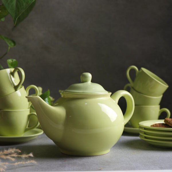 Golden Verde Tea Set - 6 Cups & Saucer, Tea Kettle Pot, Milk Pot, Sugar Pot - Image 4