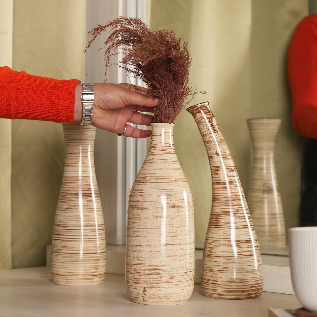 Iris Beige Elegance Vase Set of 3 | 10 Inches, 11 Inches, and 12 Inches