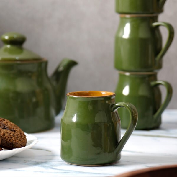 Verdant Serenity Ceramic Tea Set - 6 Cups, 1 Kettle and a Tray - Image 4