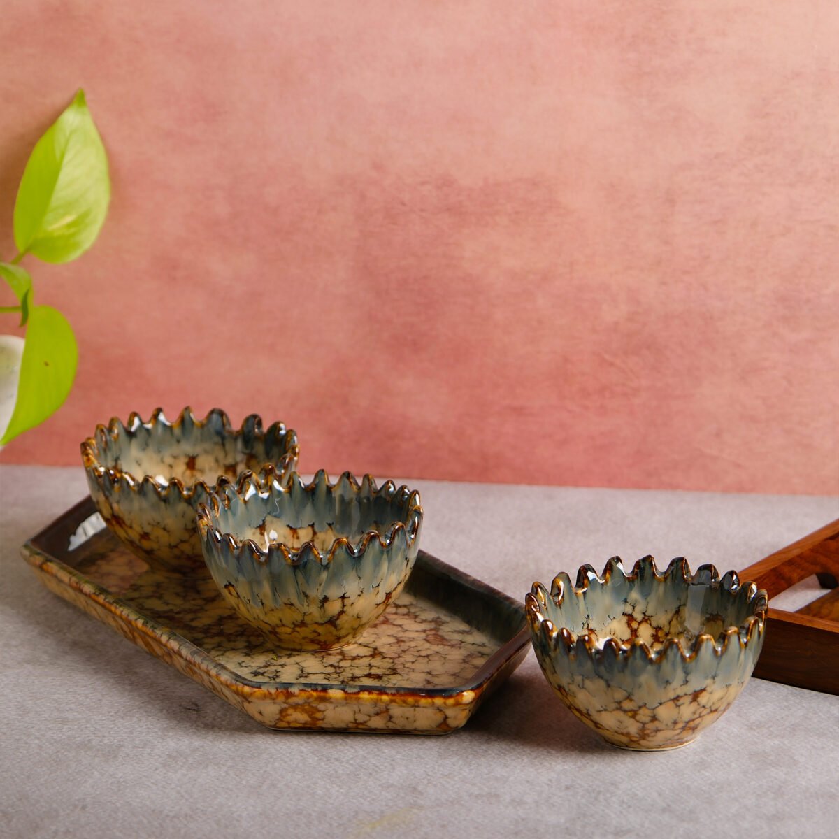 Earthwave Marble Bowl Set of 3 Ceramic Bowls with Tray | 4 Inches Bowls (200ml)