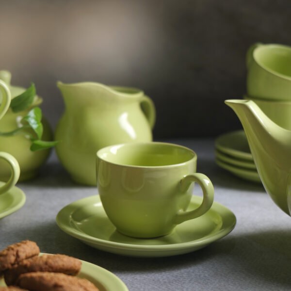 Golden Verde Tea Set - 6 Cups & Saucer, Tea Kettle Pot, Milk Pot, Sugar Pot - Image 3