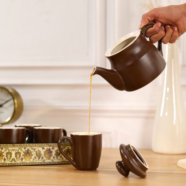 Mocha Elegance Tea Set - 4 Cups, 1 Kettle & Tray | Stylish Tea Serving Set - Image 2