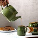 Verdant Serenity Ceramic Tea Set - 6 Cups, 1 Kettle and a Tray