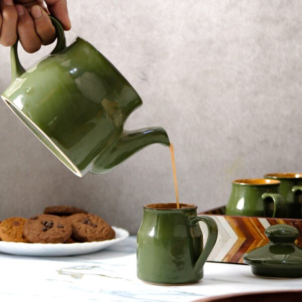 Verdant Serenity Ceramic Tea Set - 6 Cups, 1 Kettle and a Tray - Image 5