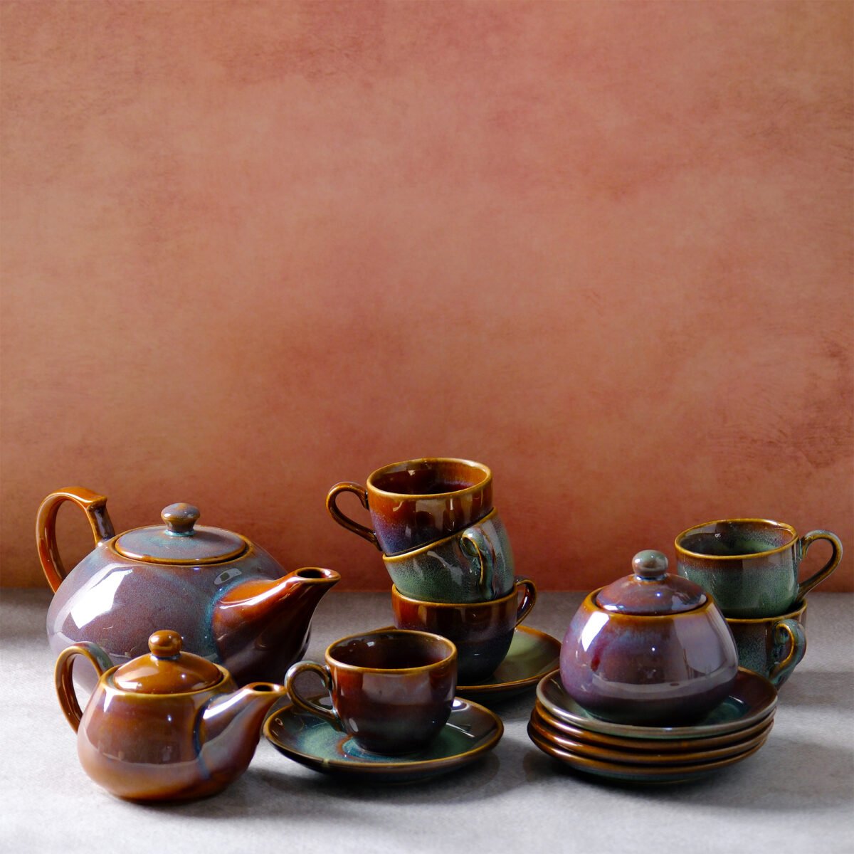 Aurora Bliss Tea Set  - 6 Cups & Saucer, Tea Kettle Pot, Milk Pot, Sugar Pot | 1100ml Teapot, 350ml Milk Pot, 350ml Sugar Pot, 150ml Cups