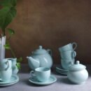 Turquoise Serenade Tea Set - 6 Cups & Saucer, Tea Kettle Pot, Milk Pot, Sugar Pot