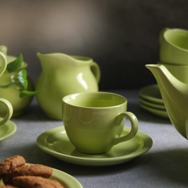 Golden Verde Tea Set - 6 Cups & Saucer, Tea Kettle Pot, Milk Pot, Sugar Pot - Image 5