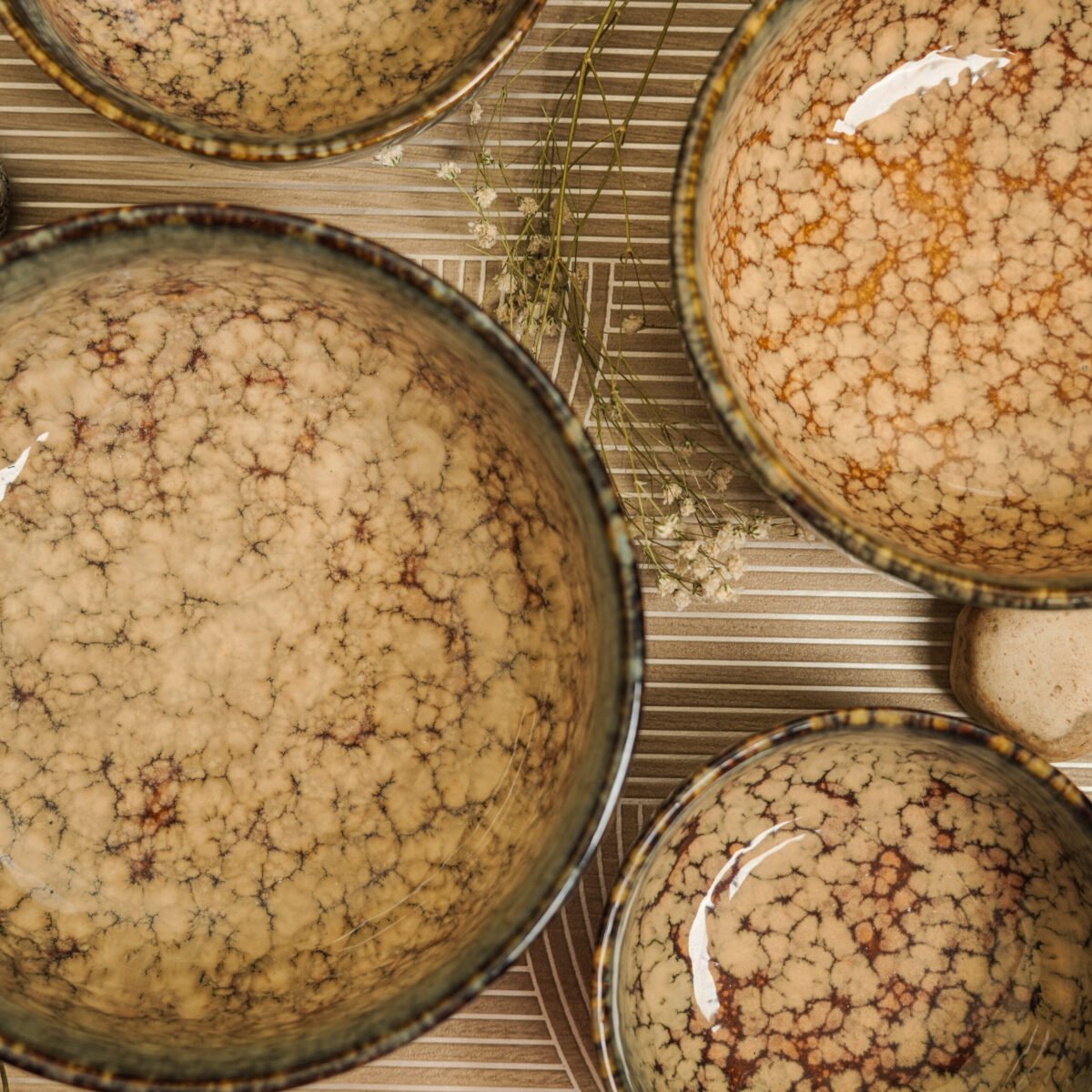 Earthen Marble Ceramic Bowl Set of 4 Bowls | 7 Inches, 6 Inches, 5.5 Inches, and 4.7 Inches (1300ml, 850ml, 550ml, and 350ml)