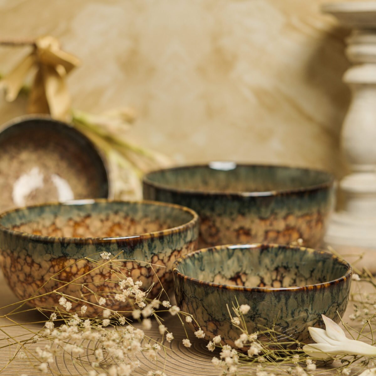 Earthen Marble Ceramic Bowl Set of 4 Bowls | 7 Inches, 6 Inches, 5.5 Inches, and 4.7 Inches (1300ml, 850ml, 550ml, and 350ml)