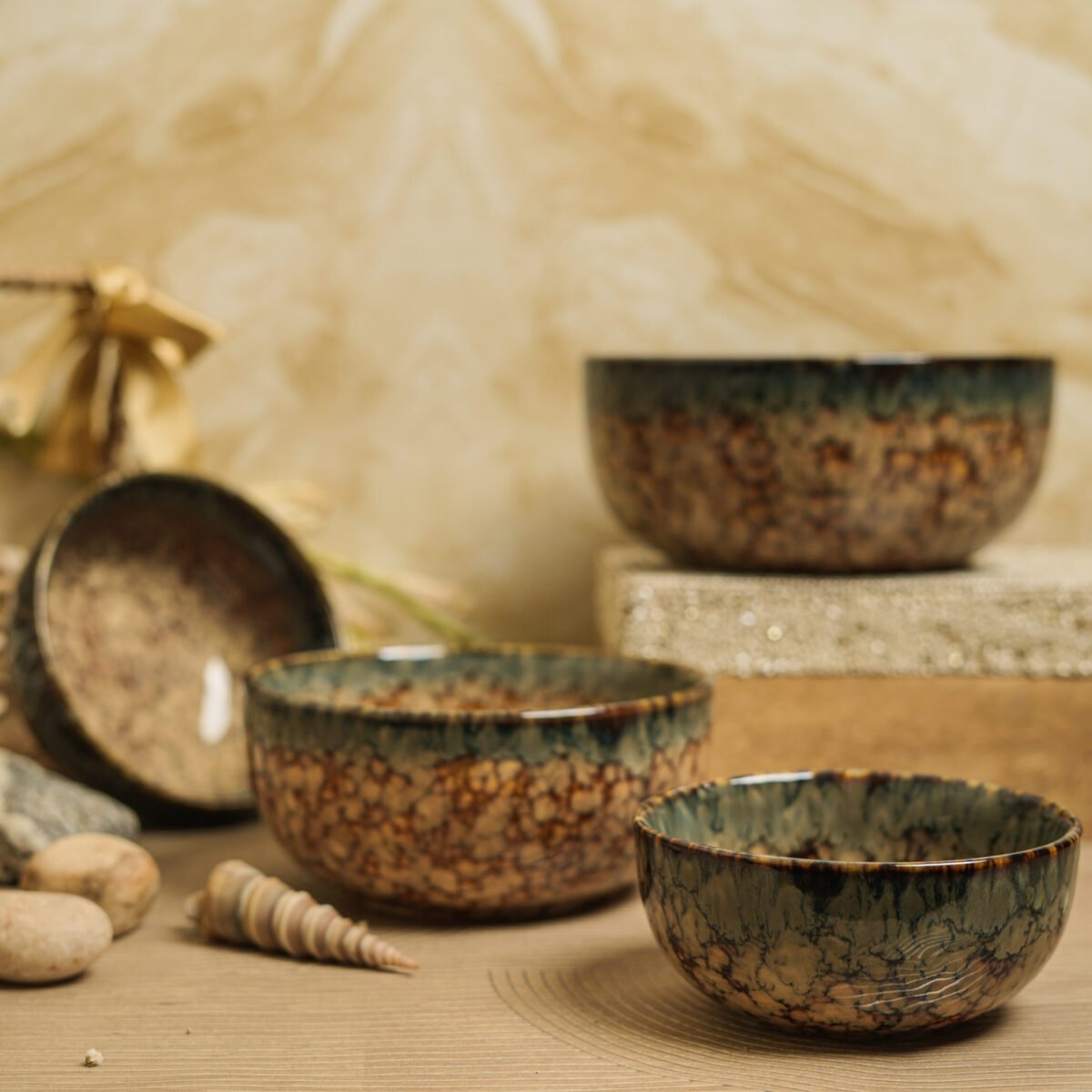 Earthen Marble Ceramic Bowl Set of 4 Bowls | 7 Inches, 6 Inches, 5.5 Inches, and 4.7 Inches (1300ml, 850ml, 550ml, and 350ml)
