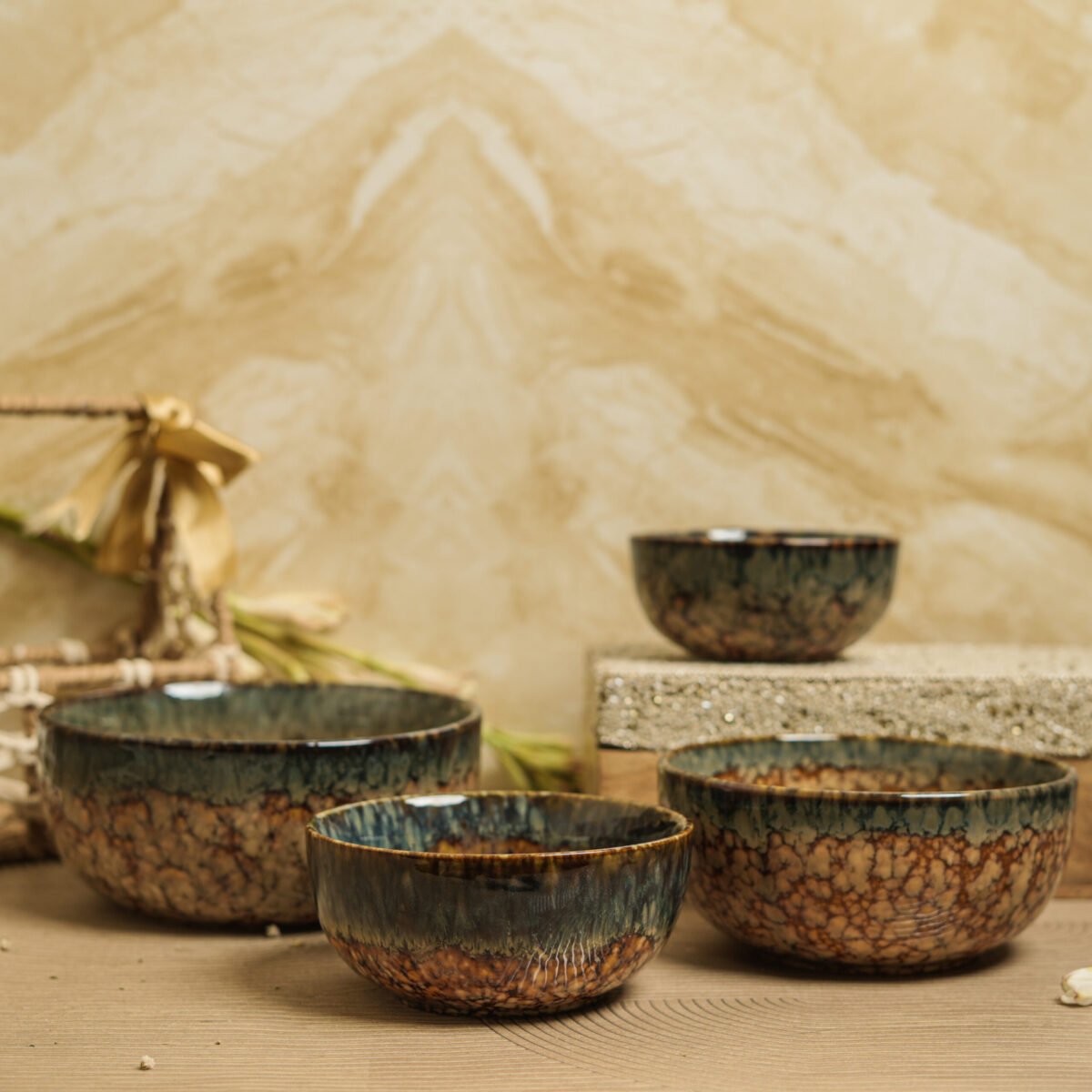 Earthen Marble Ceramic Bowl Set of 4 Bowls | 7 Inches, 6 Inches, 5.5 Inches, and 4.7 Inches (1300ml, 850ml, 550ml, and 350ml)