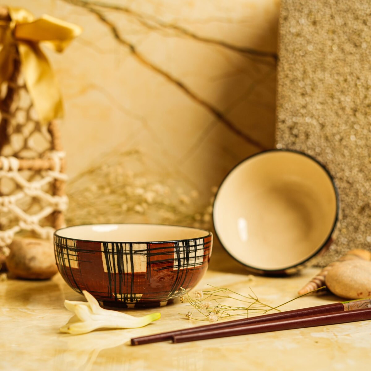 Checkered Classic Ceramic Katori Bowls Set of 2 Bowls