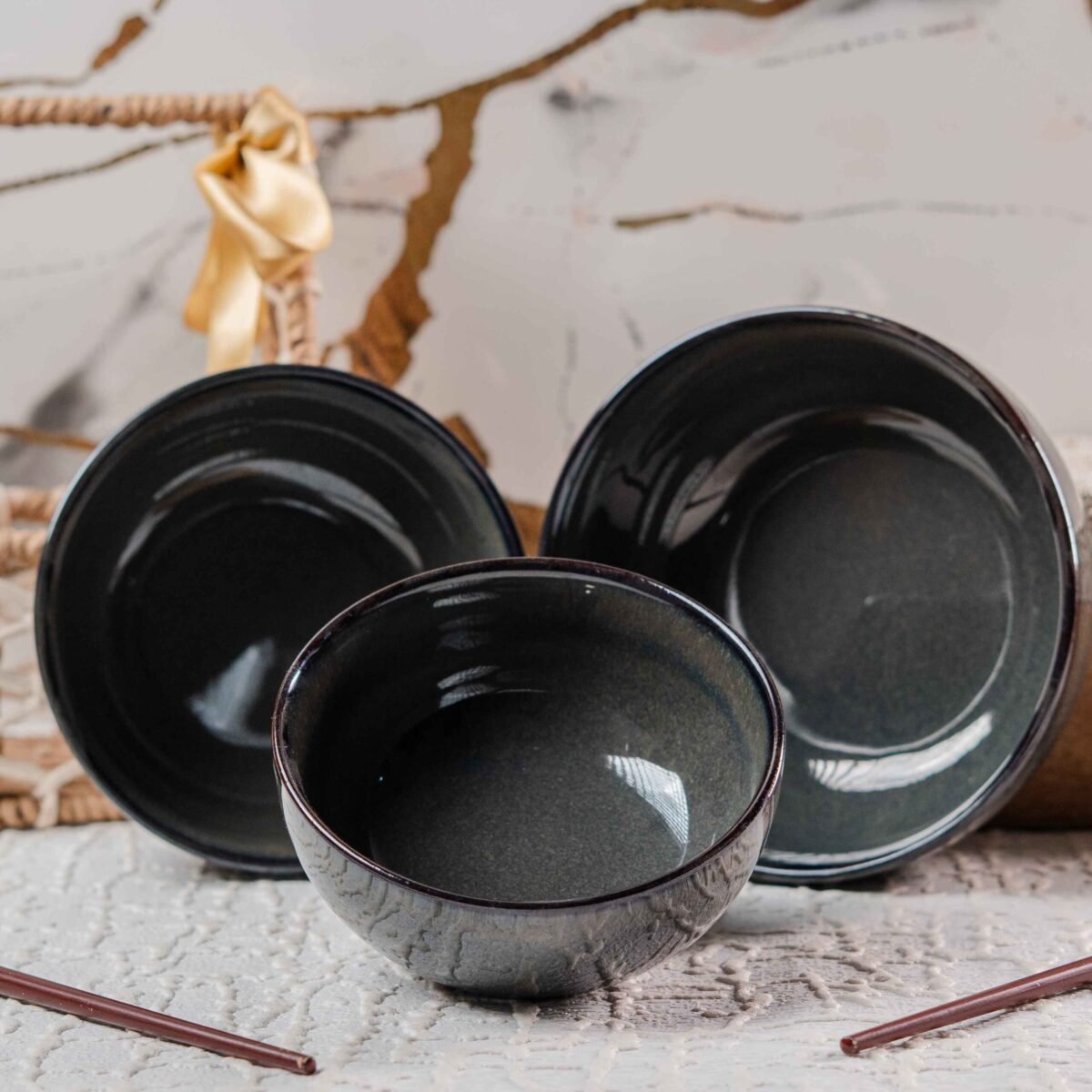 Harmiche Slate Trio Bowl Set of 3 Bowls | 6 Inches, 5.5 Inches, and 4.7 Inches Bowls (700ml, 500ml, & 350ml)