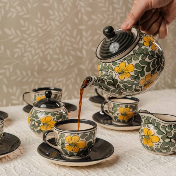 Florence Bloom – 15 Piece Luxury Ceramic Tea Set (Hand-Painted) | 1100ml Teapot, 350ml Milk Pot, 350ml Sugar Pot, 150ml Cups