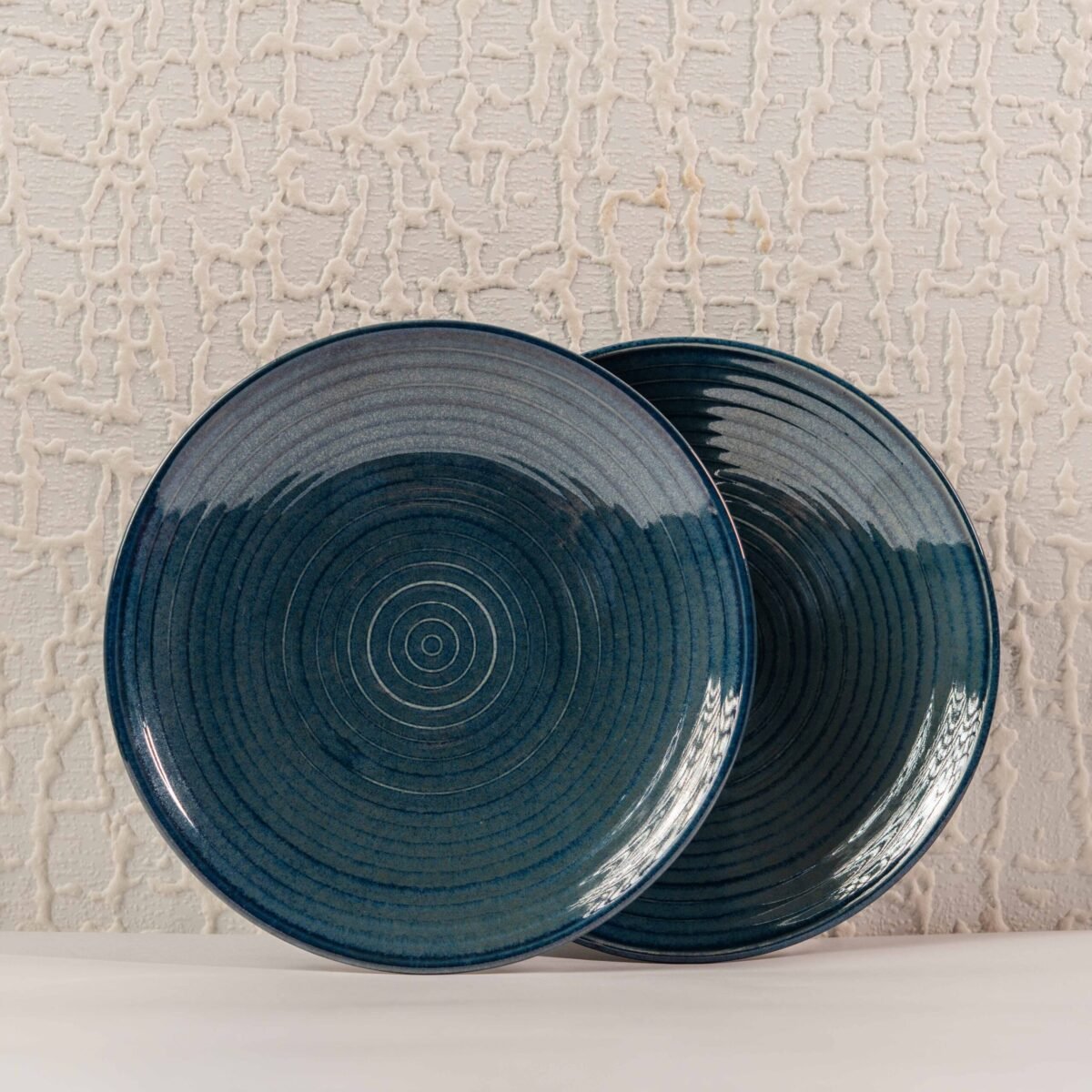Cerulean Orbit – Premium Ceramic Quarter Plates Set of 2 (7-Inch, Blue Glossy Finish with Concentric Circles)