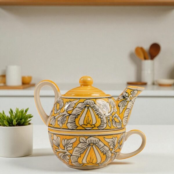 Sunlit Bloom Ceramic Stackable Solo Tea Set | 200ml Cup and 300ml Teapot