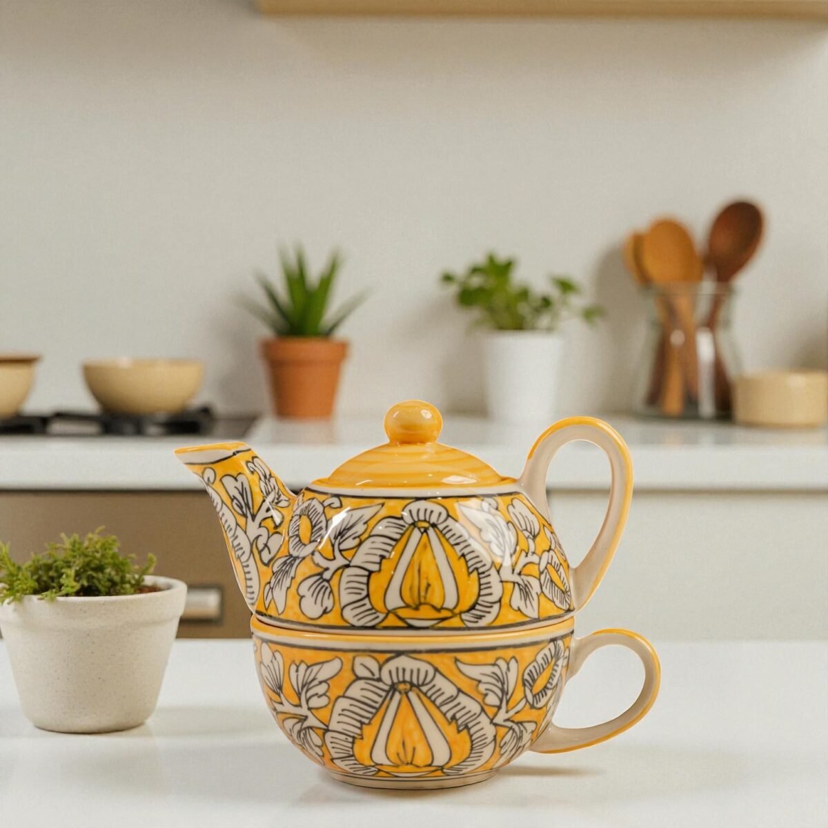 Sunlit Bloom Ceramic Stackable Solo Tea Set | 200ml Cup and 300ml Teapot