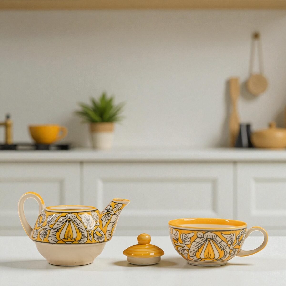 Sunlit Bloom Ceramic Stackable Solo Tea Set | 200ml Cup and 300ml Teapot