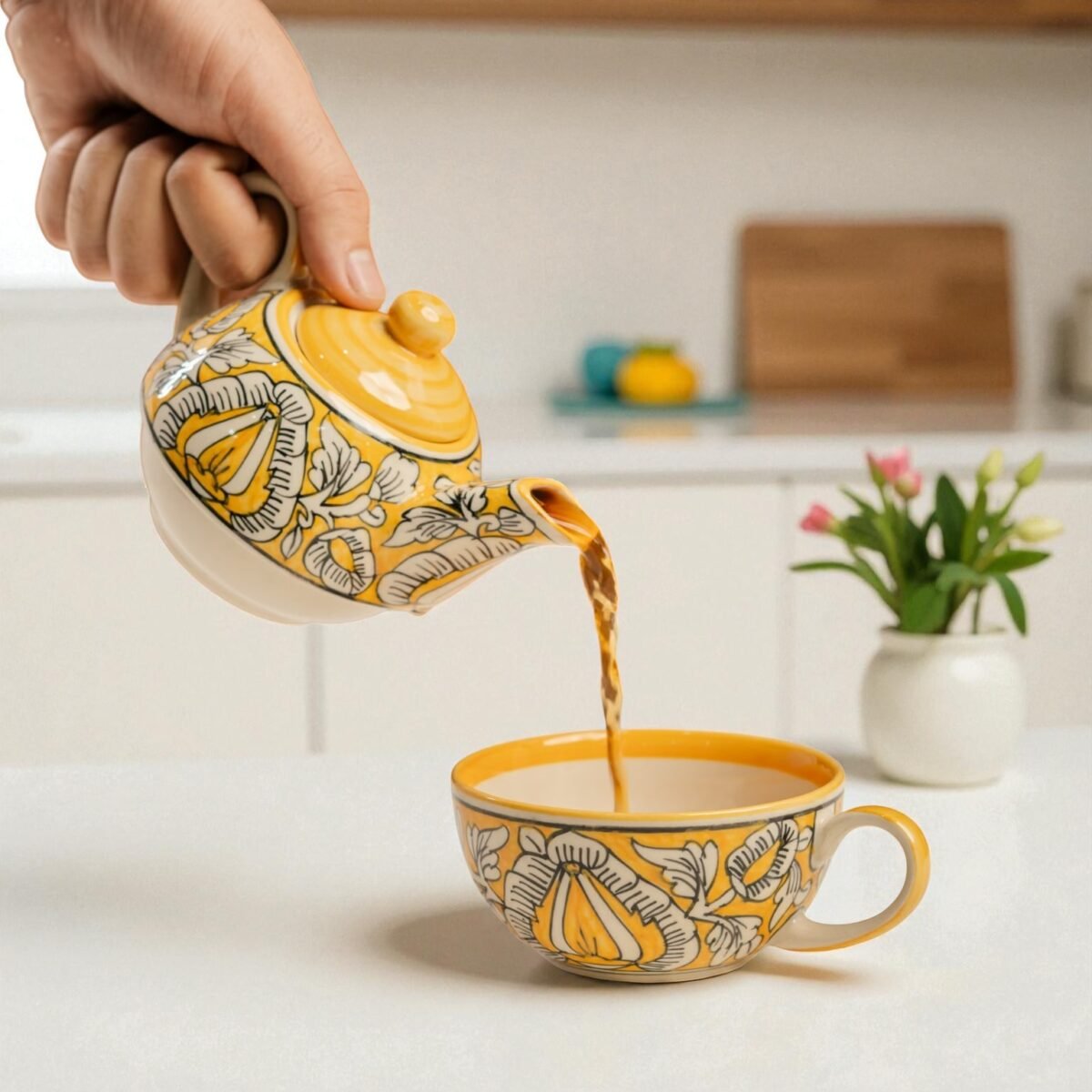 Sunlit Bloom Ceramic Stackable Solo Tea Set | 200ml Cup and 300ml Teapot