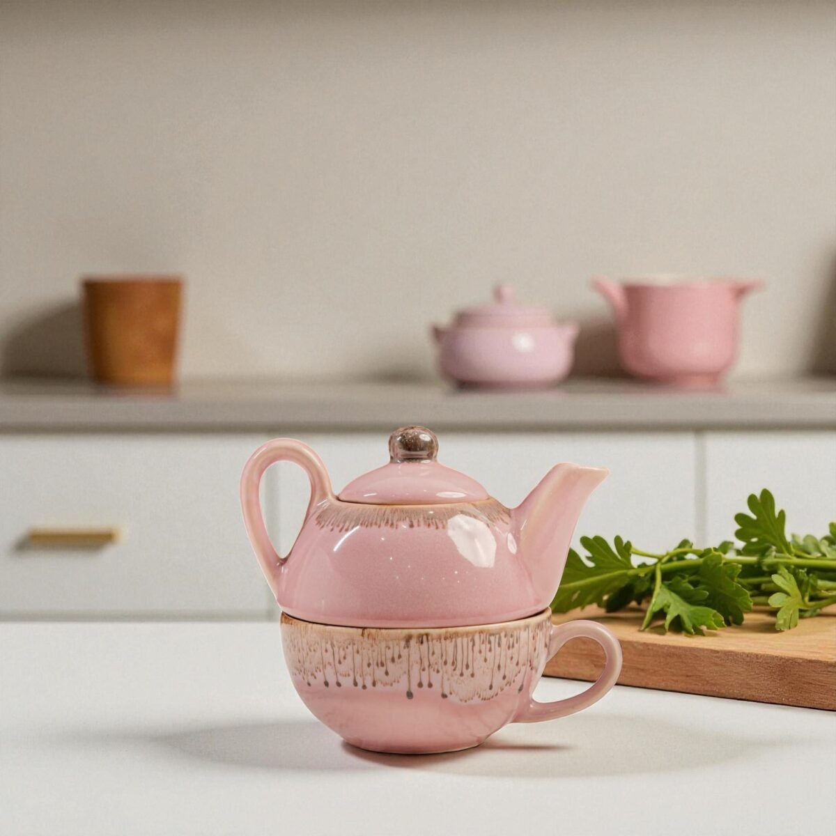 Blush Cascade Ceramic Stackable Solo Tea Set | 200ml Cup and 300ml Teapot