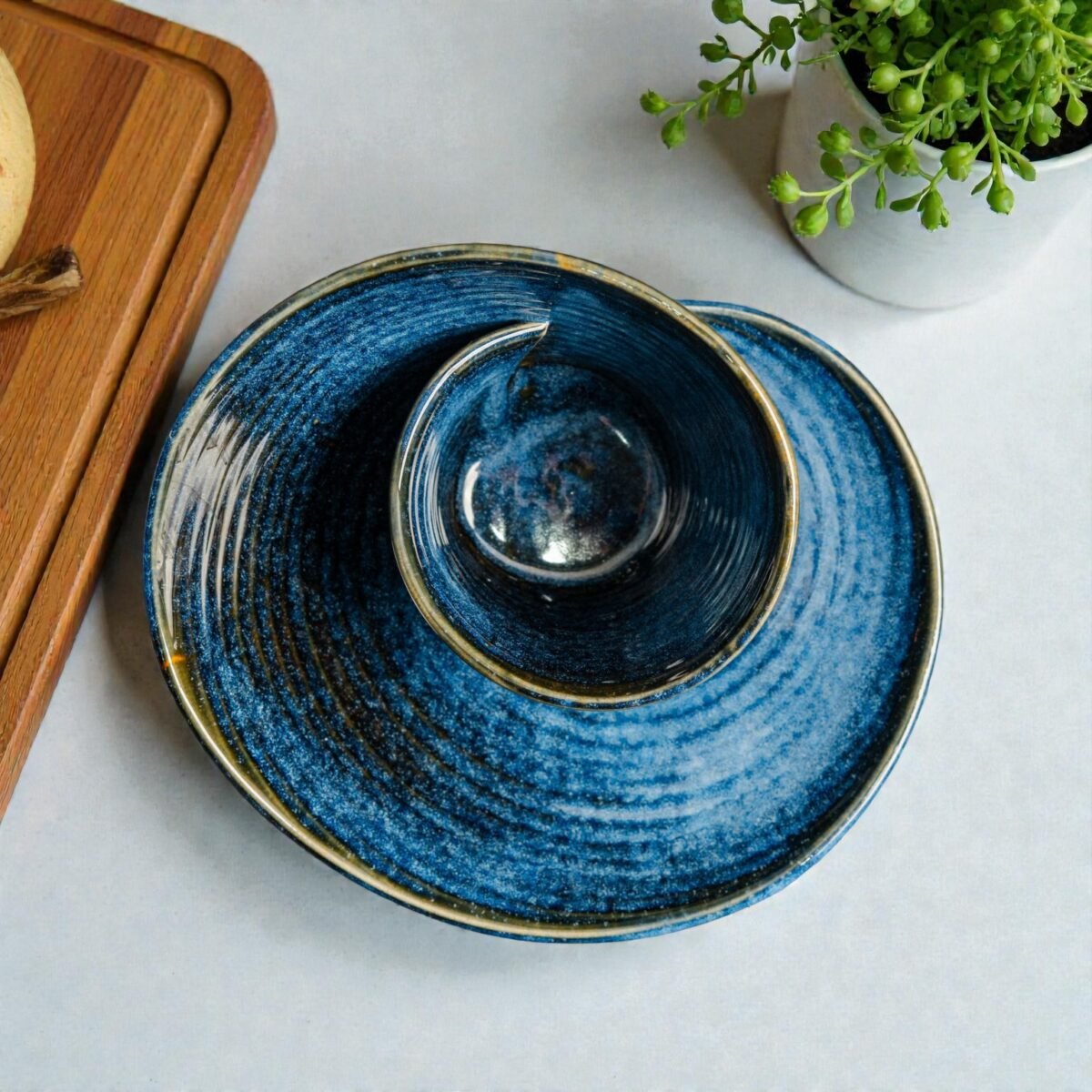Neela Vortex – Luxury Blue Ceramic Platter with Swirl Design | 9 Inches X 4.5 Inches