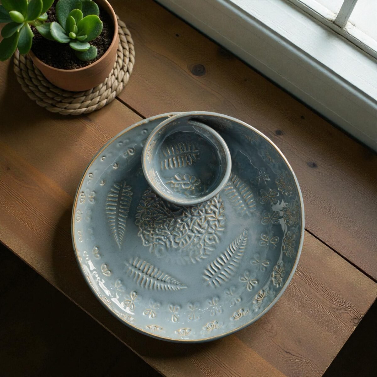 Ziya Elan – Pastel Blue Ceramic Platter with Embossed Gold Accents | 10 Inches X 1.5 Inches