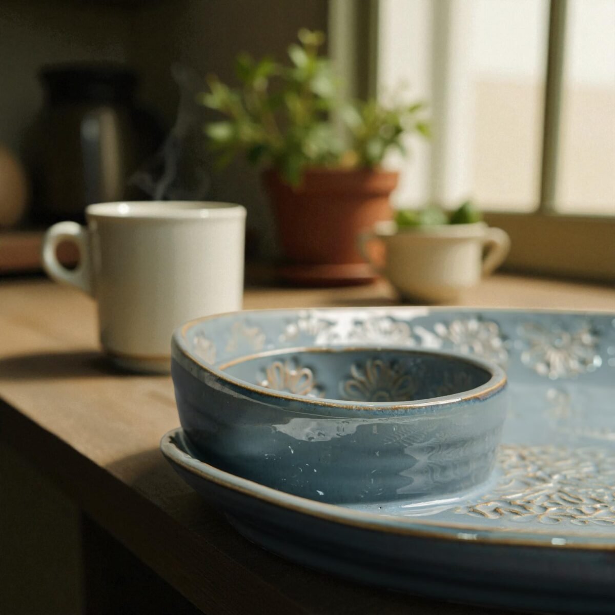 Ziya Elan – Pastel Blue Ceramic Platter with Embossed Gold Accents | 10 Inches X 1.5 Inches