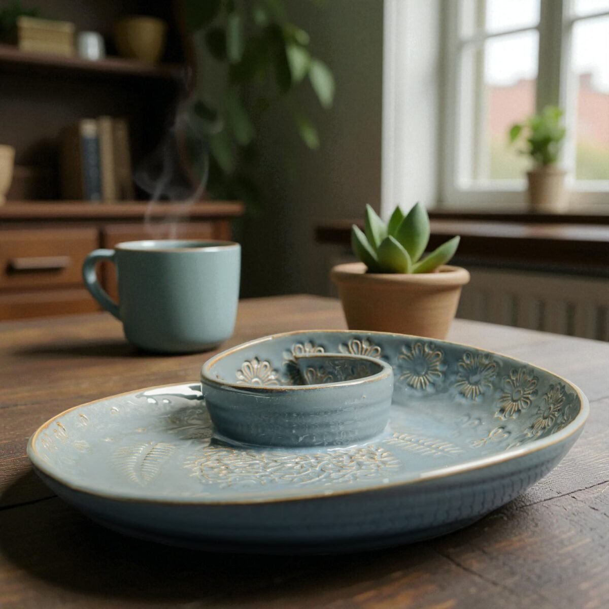 Ziya Elan – Pastel Blue Ceramic Platter with Embossed Gold Accents | 10 Inches X 1.5 Inches