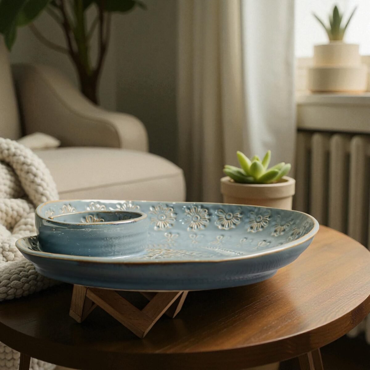 Ziya Elan – Pastel Blue Ceramic Platter with Embossed Gold Accents | 10 Inches X 1.5 Inches