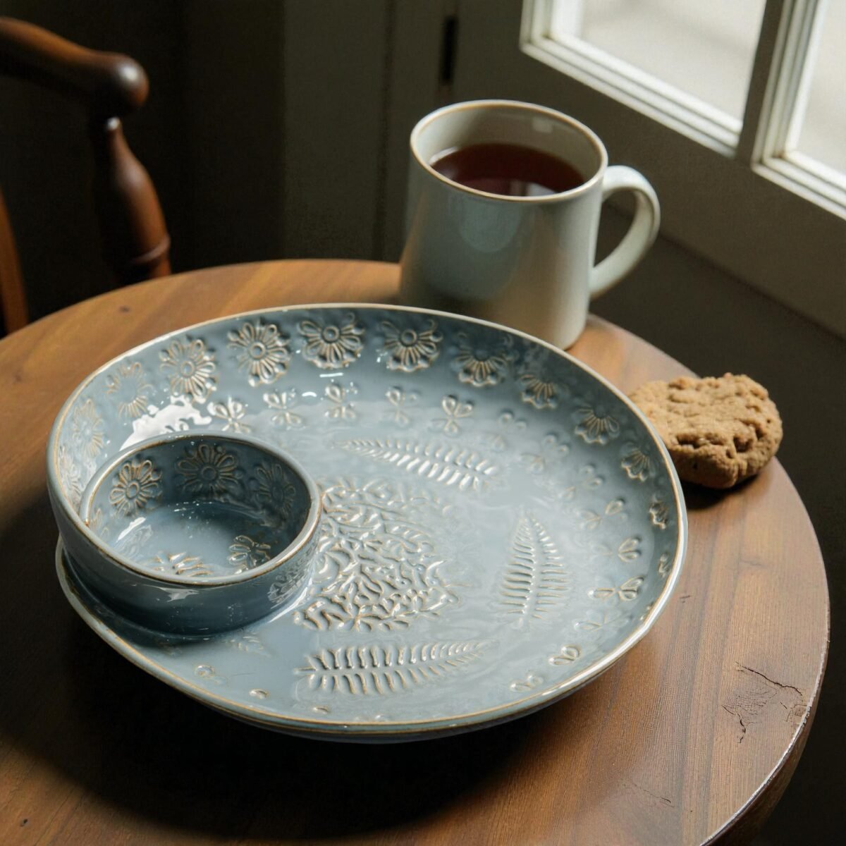 Ziya Elan – Pastel Blue Ceramic Platter with Embossed Gold Accents | 10 Inches X 1.5 Inches