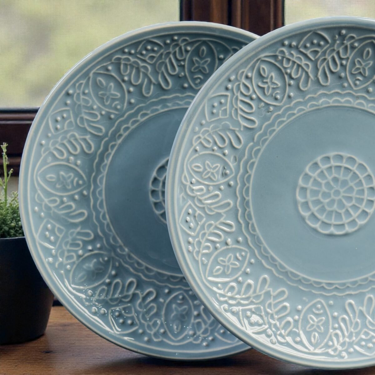 Eira Bloom – Set of 2 Pastel Blue Embossed Ceramic Quarter Plates (Set of 2, 7 Inches)