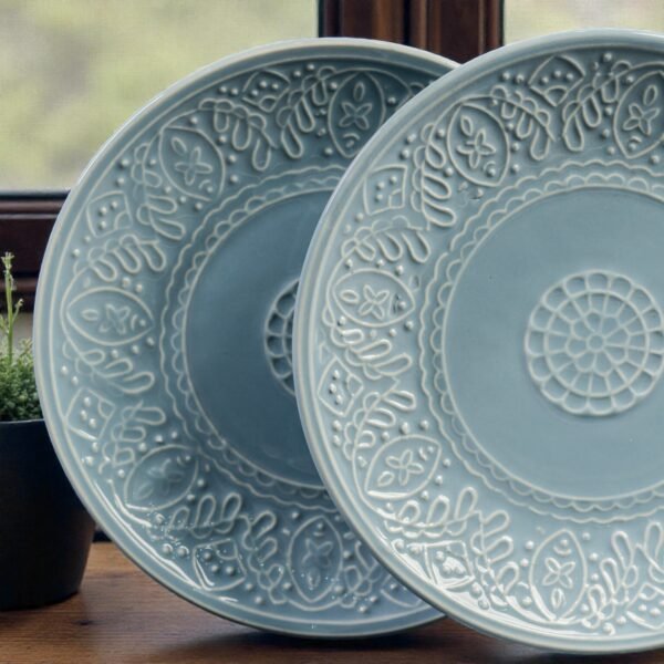 Eira Bloom – Set of 2 Pastel Blue Embossed Ceramic Quarter Plates (Set of 2, 7 Inches)