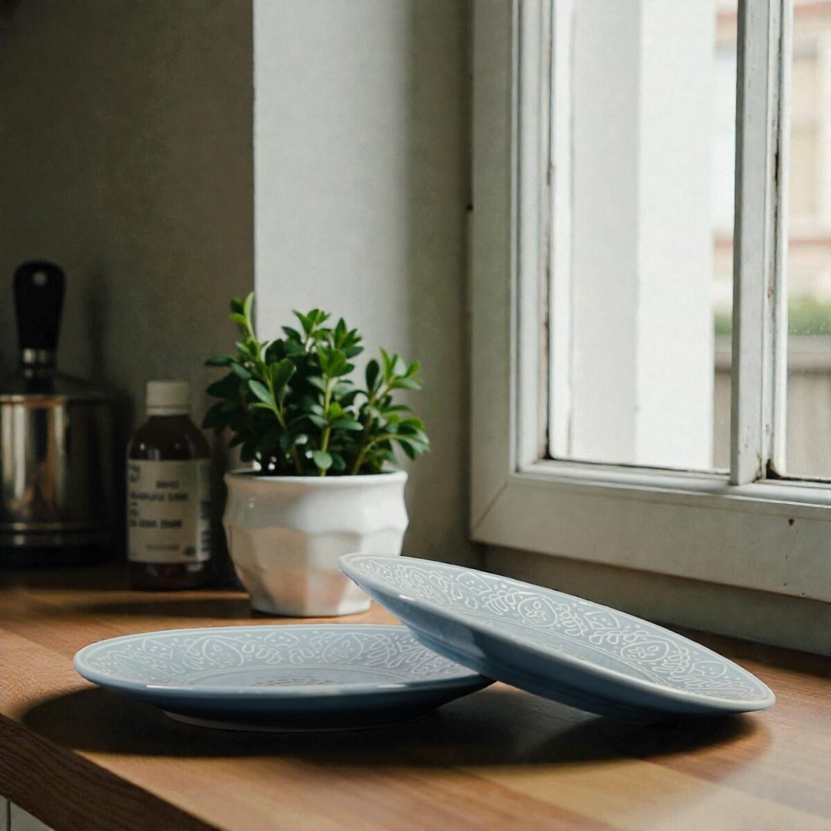 Eira Bloom – Set of 2 Pastel Blue Embossed Ceramic Quarter Plates (Set of 2, 7 Inches)
