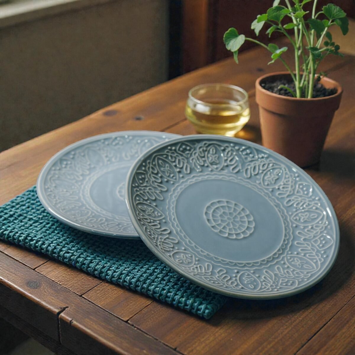 Eira Bloom – Set of 2 Pastel Blue Embossed Ceramic Quarter Plates (Set of 2, 7 Inches)