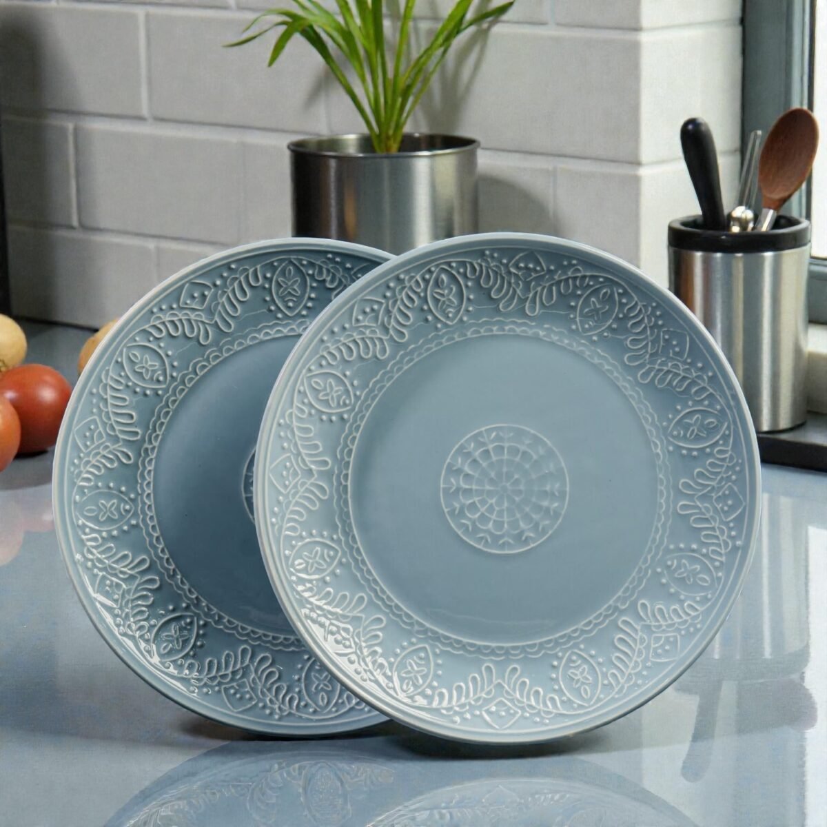 Eira Solis – Set of 2 Pastel Blue Embossed Ceramic Dinner Plates (Set of 2, 10 Inches)