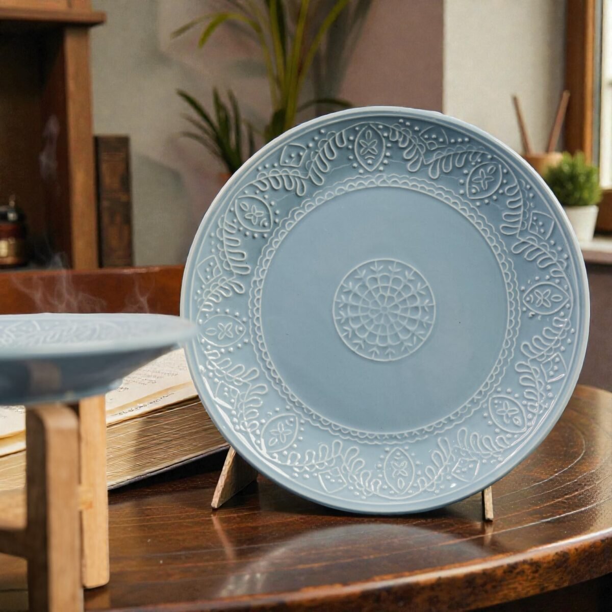Eira Solis – Set of 2 Pastel Blue Embossed Ceramic Dinner Plates (Set of 2, 10 Inches)