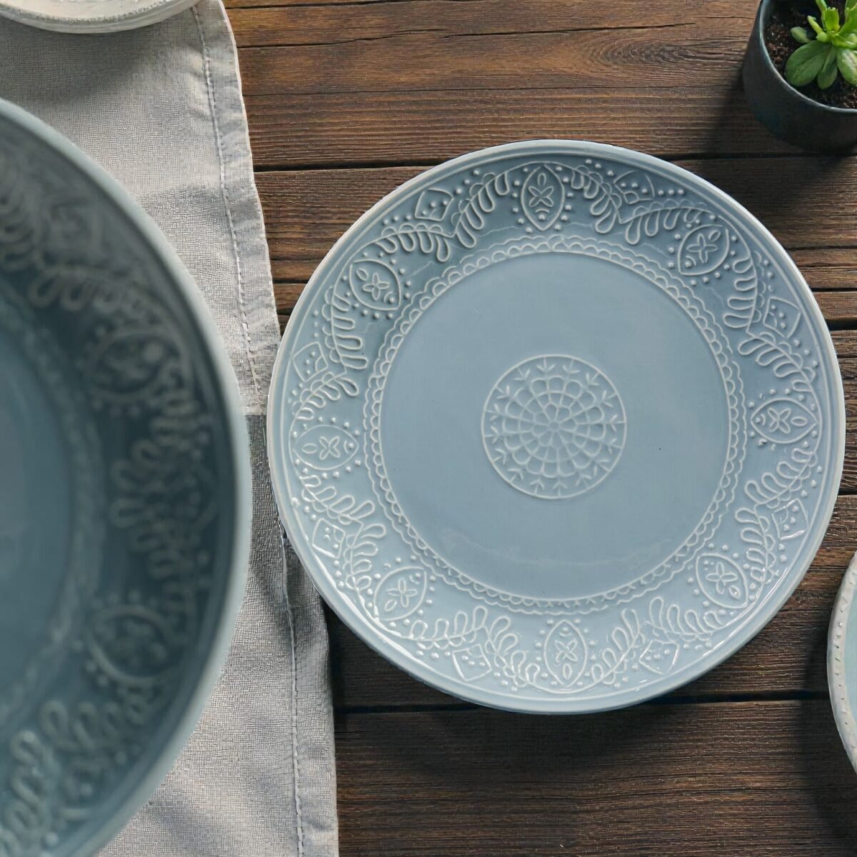 Eira Solis – Set of 2 Pastel Blue Embossed Ceramic Dinner Plates (Set of 2, 10 Inches)